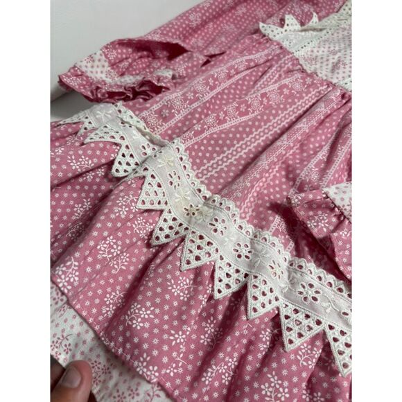 Miniworld Vintage Girl's dress Prarie Traditional Pinafore 70s Lace 4 Pink Ivory - Picture 5 of 5
